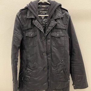 Men GUESS Coated Fabric Leather Hooded Jacket, Bomber Jacket, Black, Small